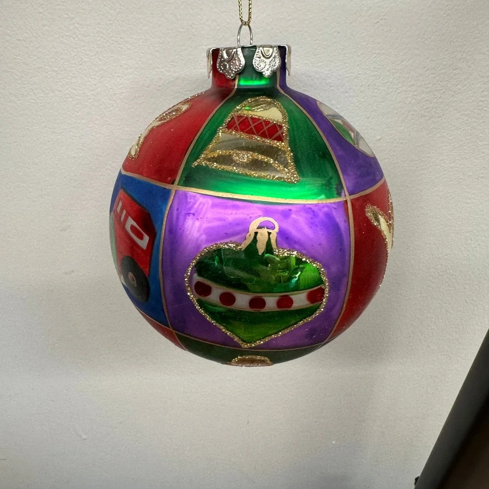 Hand Painted Glass Christmas‎ Patchwork Ornament Multi Color Glitter Train Bell